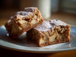 Two slices of chewy apple brownies dusted with powdered sugar, showcasing chunks of apple and a crumbly topping.