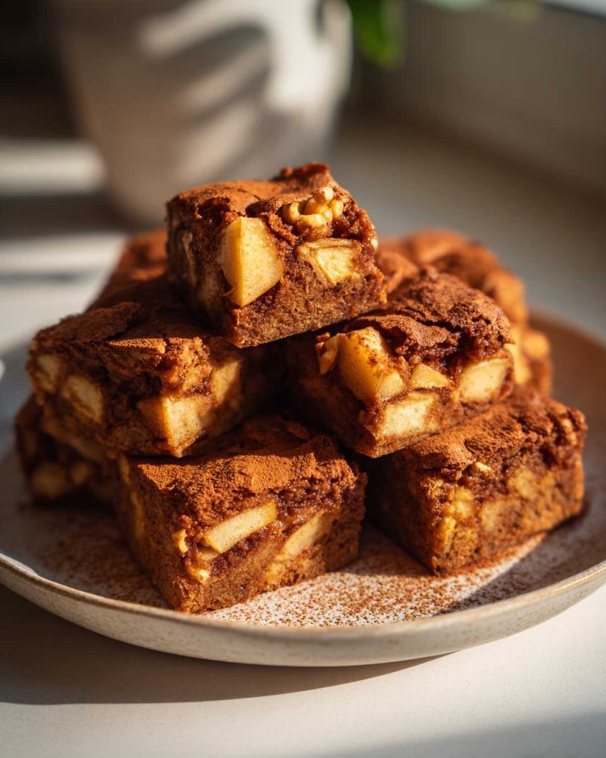 A stack of chewy apple brownies dusted with cocoa powder, showcasing chunks of apple and walnuts.