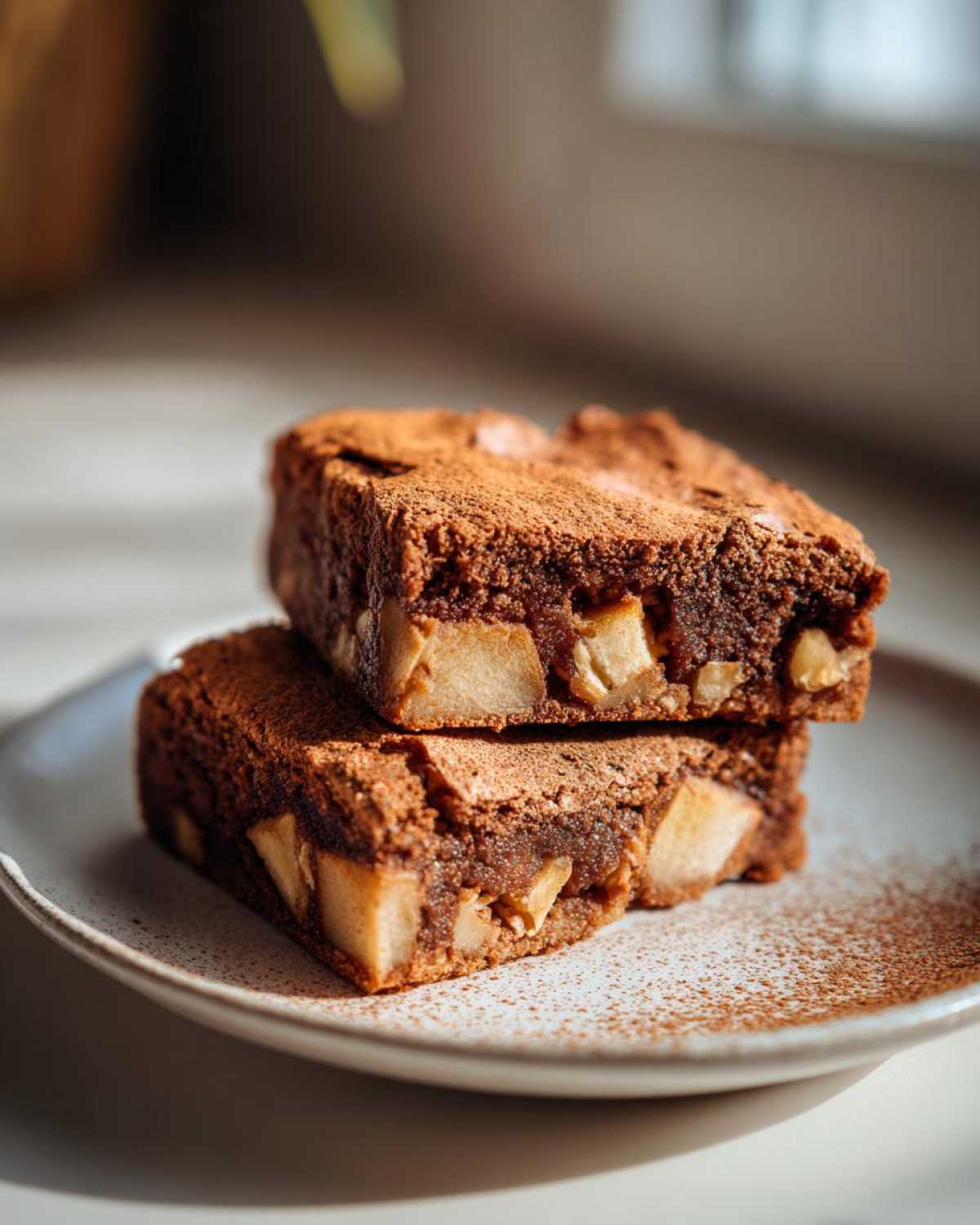 Two chewy apple brownies stacked on a plate, dusted with cocoa powder.