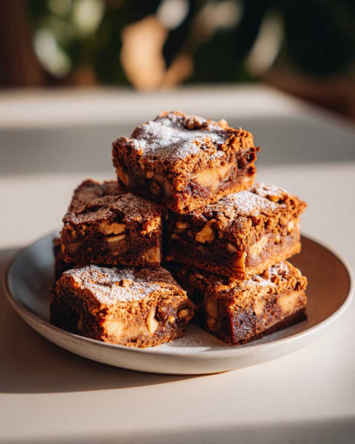 A stack of five chewy apple brownies, dusted with powdered sugar, on a light gray plate.