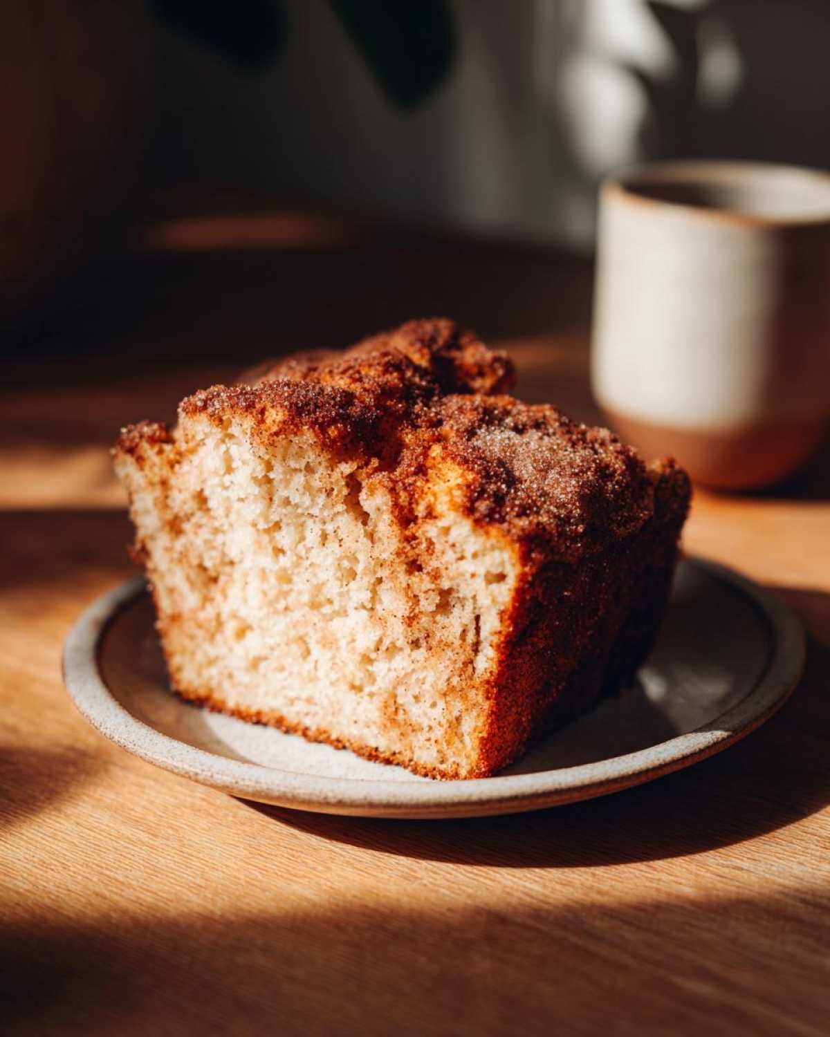A close-up of a slice of apple cider pound cake, topped with cinnamon sugar, on a small plate.