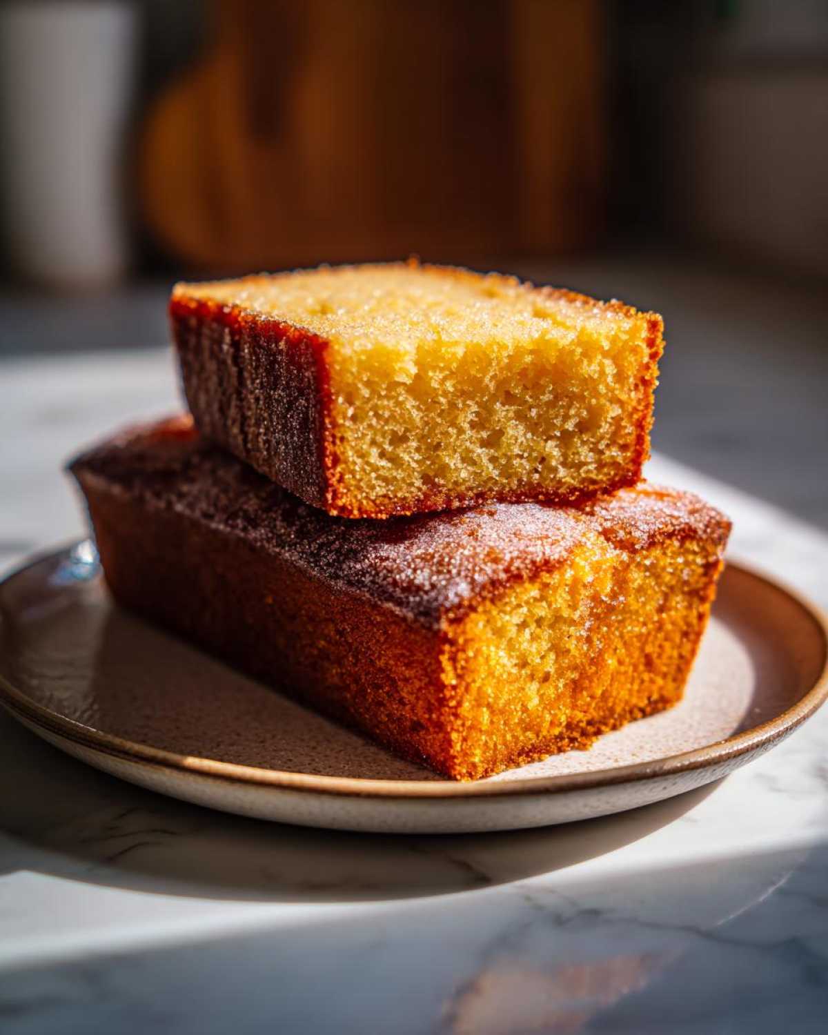 Two slices of golden Apple Cider Pound Cake stacked on a plate, dusted with sugar.
