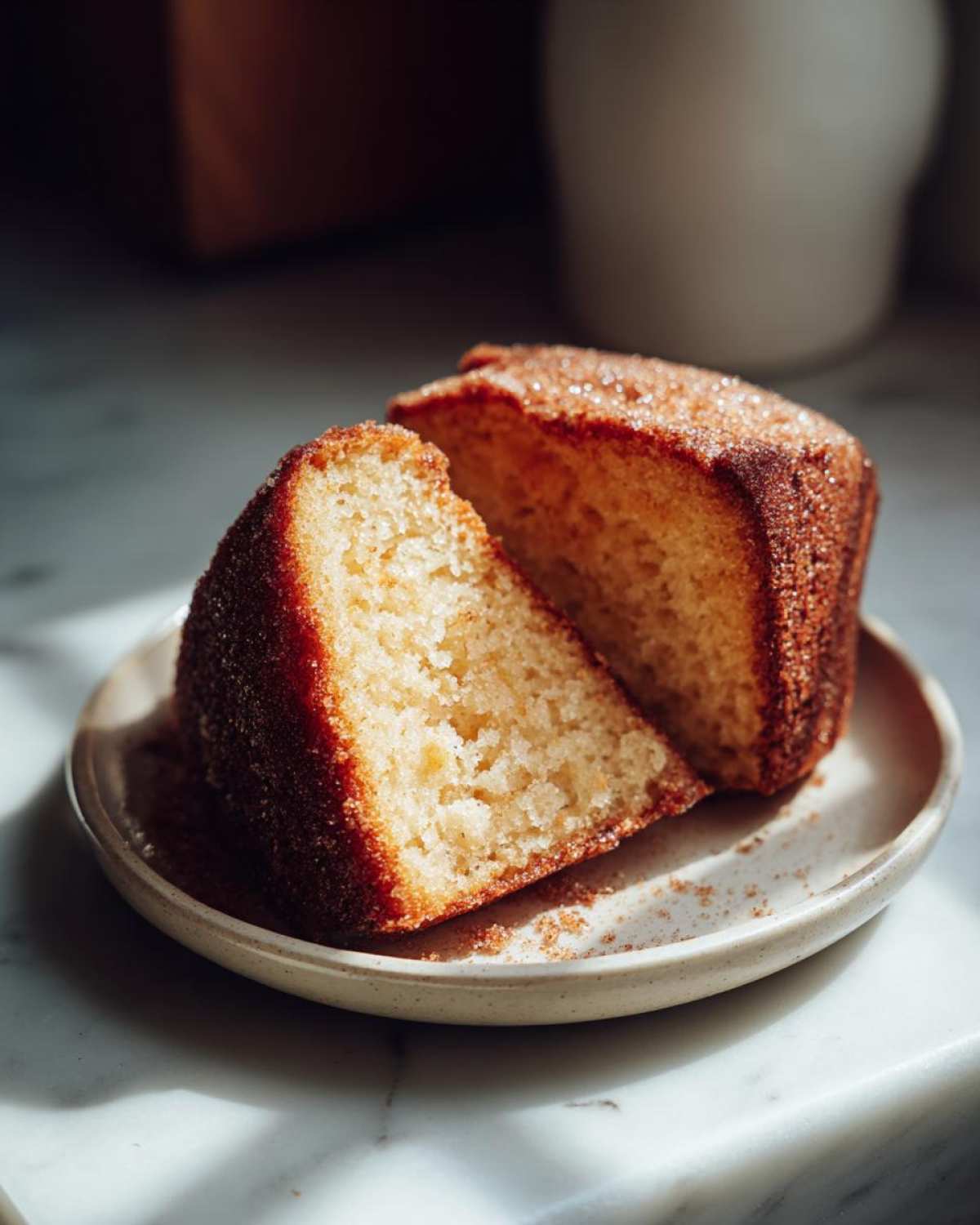 Two slices of moist apple cider pound cake, coated in cinnamon sugar, on a plate.