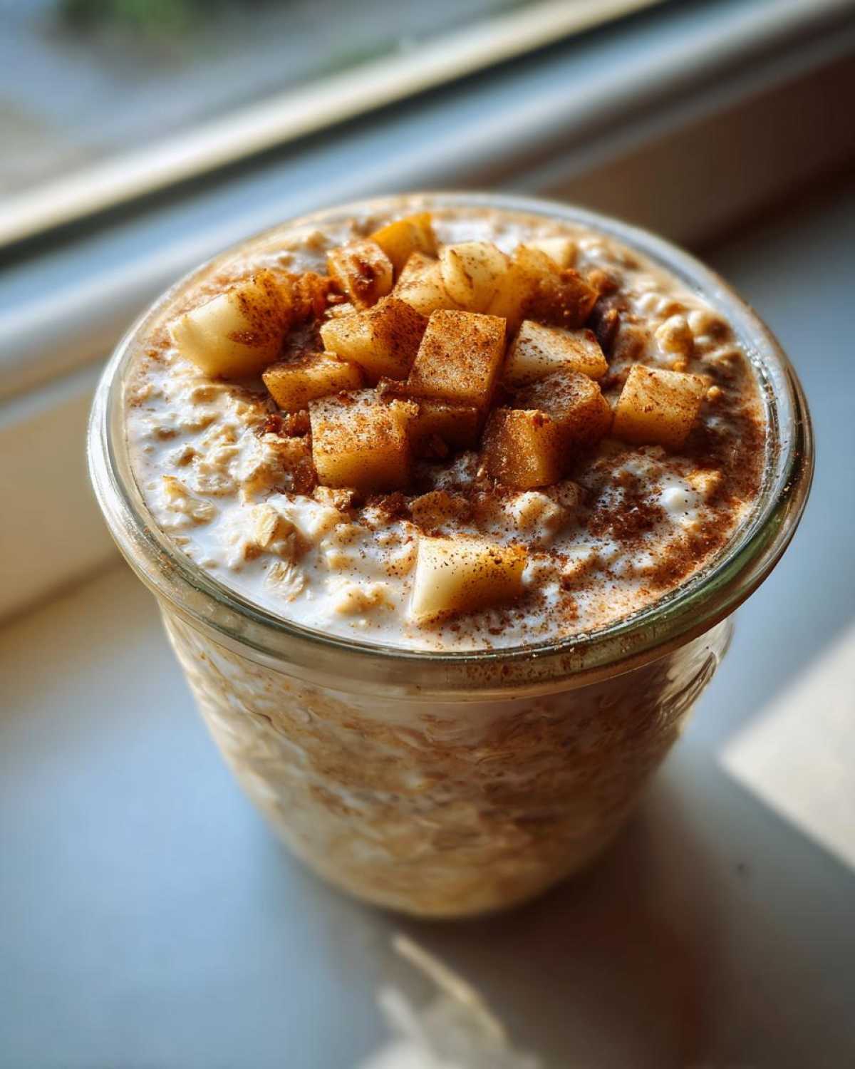 Close-up of apple cinnamon overnight oats in a glass jar, topped with diced apples and cinnamon.