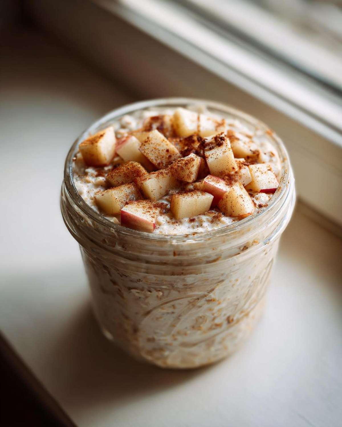 Close-up of apple cinnamon overnight oats in a mason jar, topped with diced apples and cinnamon.