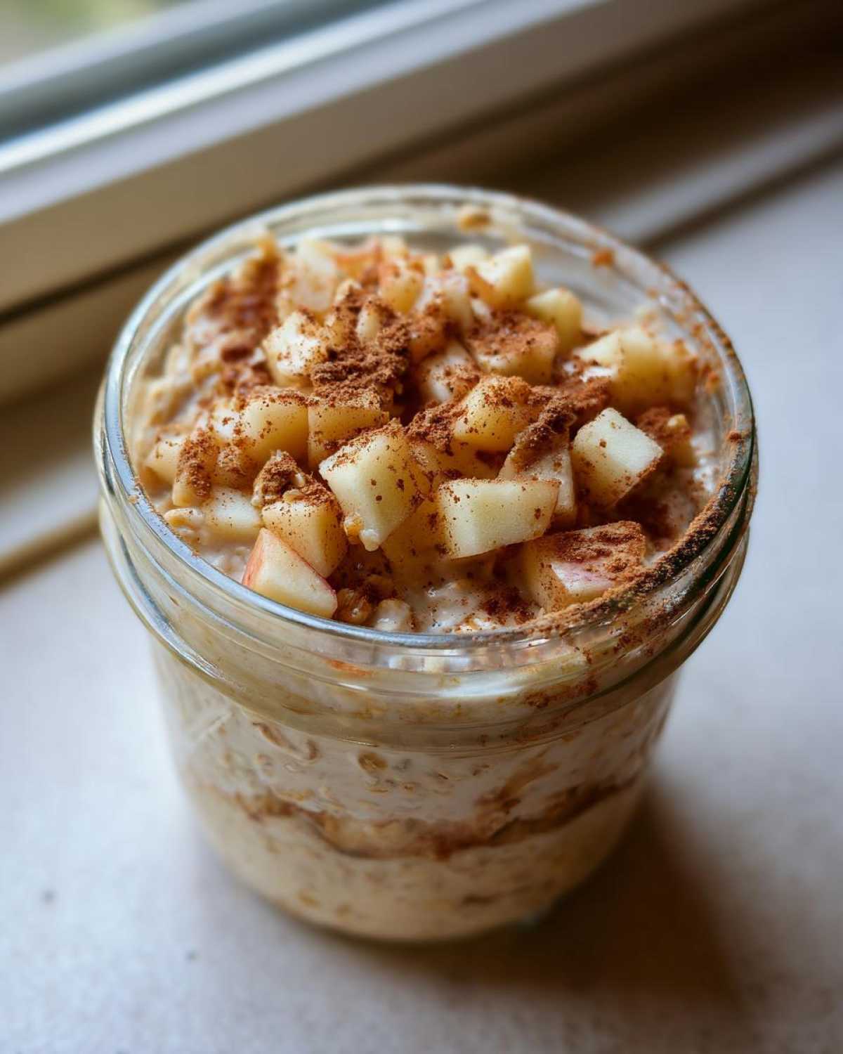 Close-up of apple cinnamon overnight oats in a glass jar, topped with diced apples and cinnamon.