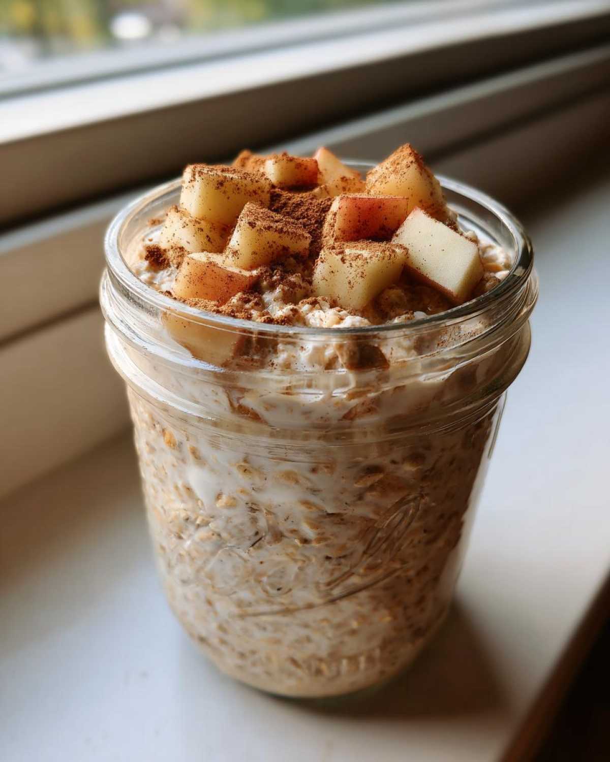 Close-up of apple cinnamon overnight oats in a mason jar, topped with diced apples and a sprinkle of cinnamon.