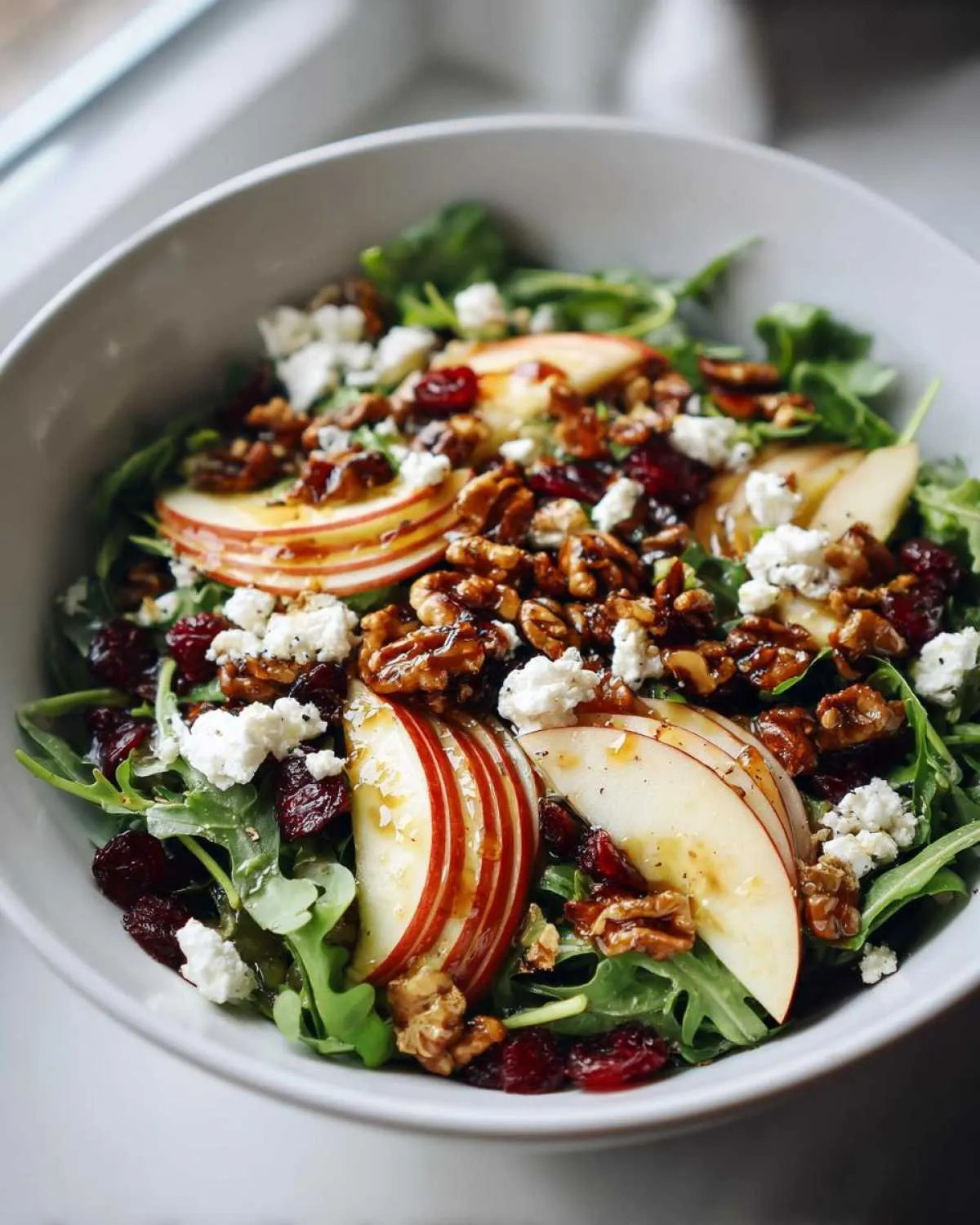 A close-up of a vibrant apple feta salad with arugula, sliced apples, crumbled feta cheese, candied walnuts, and dried cranberries.