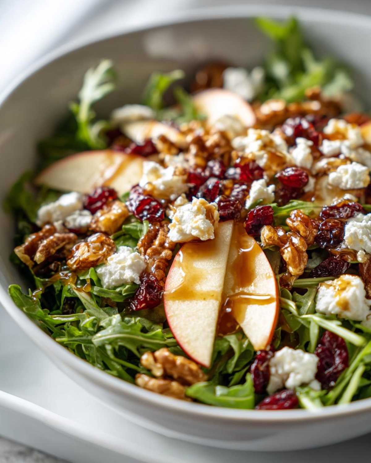 Close-up of a vibrant apple feta salad with arugula, sliced apples, crumbled feta, walnuts, and dried cranberries, drizzled with dressing.