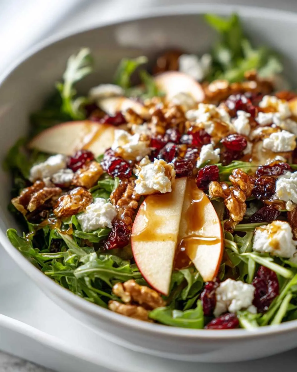 Close-up of a vibrant apple feta salad with arugula, sliced apples, crumbled feta, walnuts, and dried cranberries, drizzled with dressing.