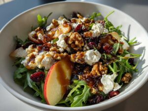 A close-up of a vibrant apple feta salad featuring fresh arugula, crumbled feta cheese, chopped walnuts, dried cranberries, and apple slices, drizzled with a dark dressing.