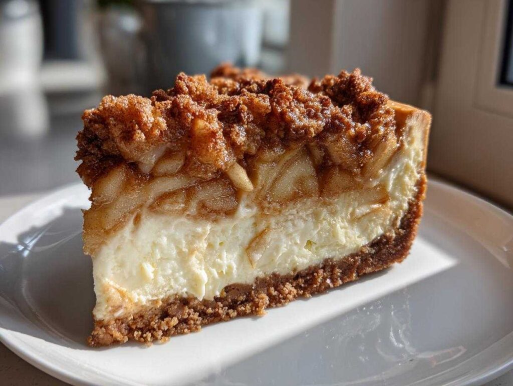 Close-up of a rich slice of apple pie cheesecake featuring a graham cracker crust, creamy filling, spiced apples, and a brown sugar crumble topping.