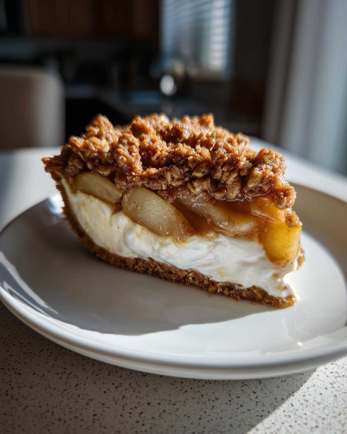 Close-up of a slice of apple pie cheesecake featuring a graham cracker crust, creamy filling, spiced apples, and oat crumble topping.
