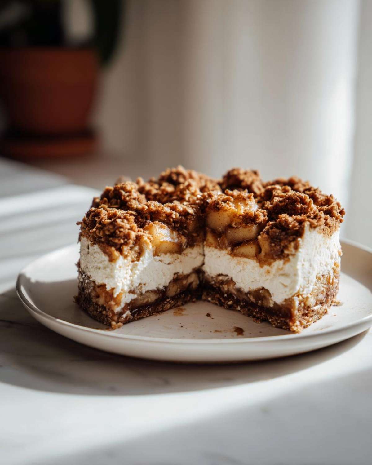 A decadent slice removed from an apple pie cheesecake showing layers of crust, cream cheese, and spiced apples topped with crumble.