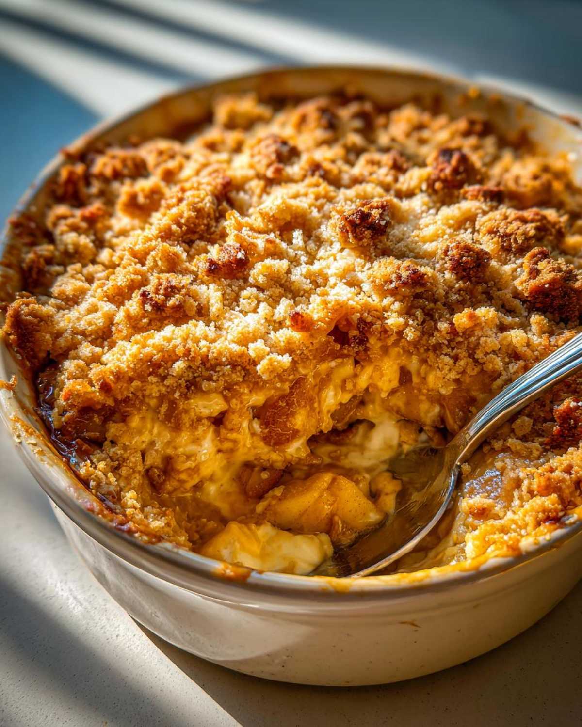 Close-up of a warm apple pie dip in a baking dish, with a spoon digging into the creamy apple filling and crunchy crumble topping.