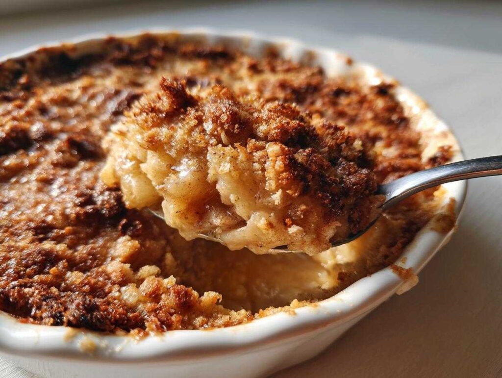 A spoonful of warm apple pie dip with a golden crumble topping, showing soft apples and cinnamon.