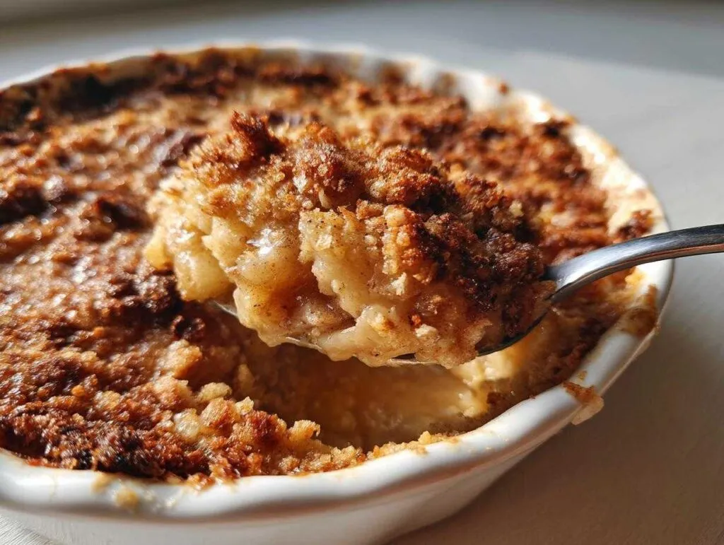 A spoonful of warm apple pie dip with a golden crumble topping, showing soft apples and cinnamon.