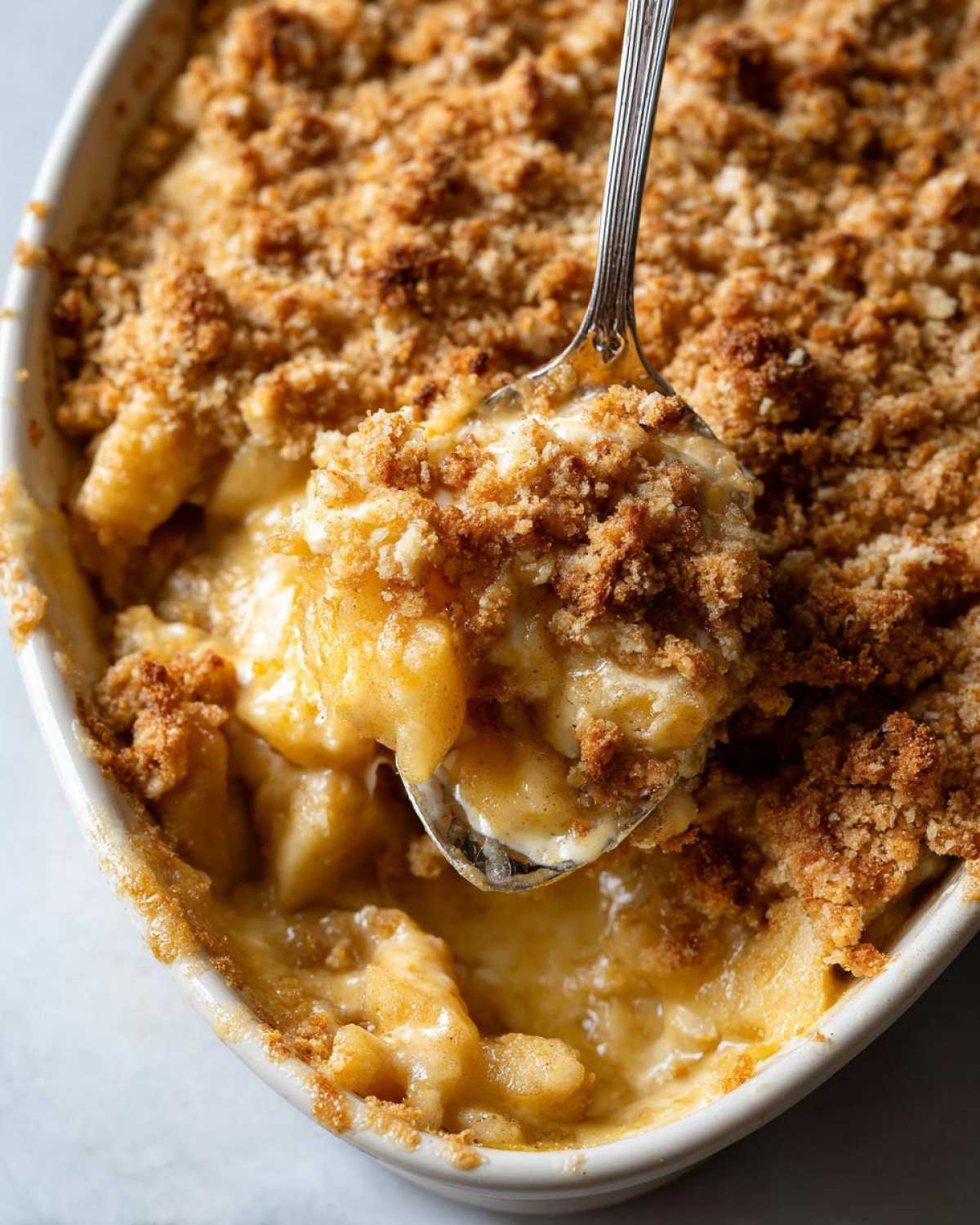 A spoonful lifting out warm Apple Pie Dip from a baking dish, showing gooey apples and a crunchy crumb topping.