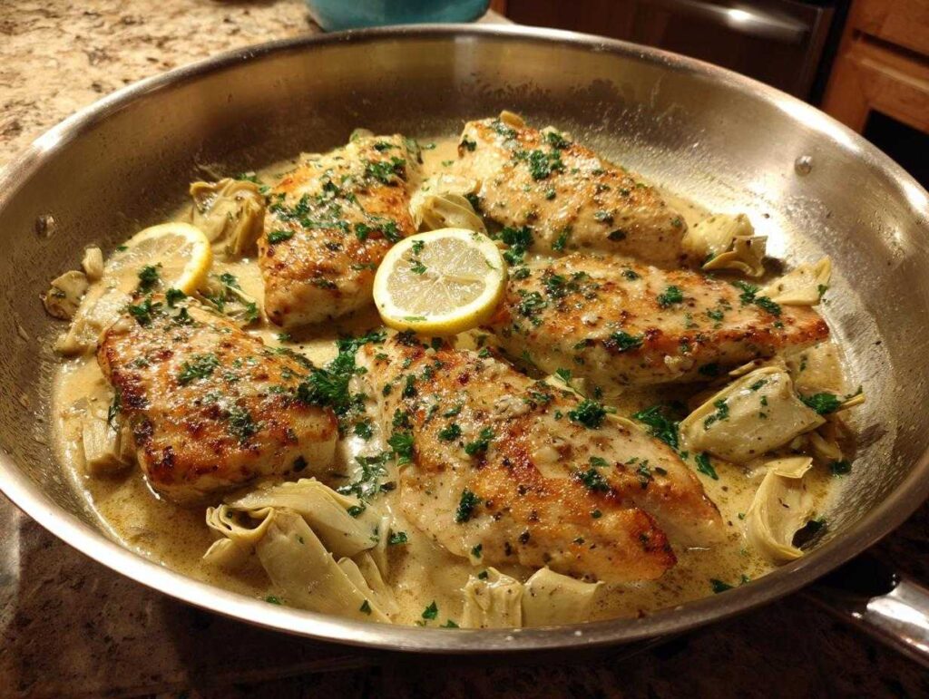 A skillet filled with Artichoke Chicken Piccata, featuring pan-seared chicken breasts in a creamy lemon-butter sauce with artichoke hearts and parsley.
