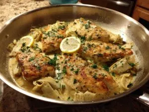 A skillet filled with Artichoke Chicken Piccata, featuring pan-seared chicken breasts in a creamy lemon-butter sauce with artichoke hearts and parsley.