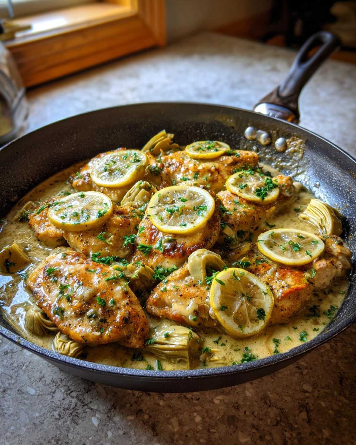 Close-up of Artichoke Chicken Piccata in a skillet, topped with lemon slices and parsley.