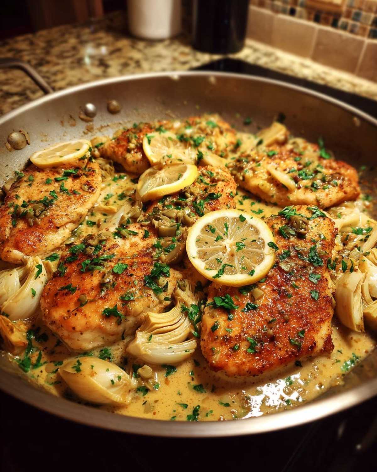 Artichoke chicken piccata served in a skillet with lemon slices and fresh parsley.