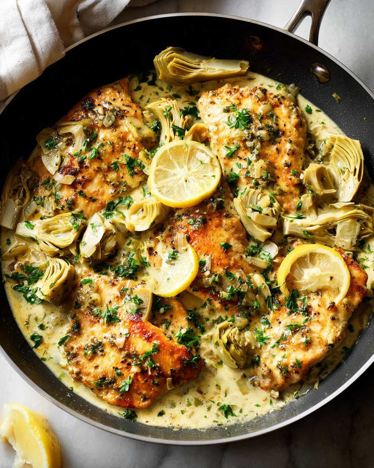 A close-up overhead view of Artichoke Chicken Piccata in a skillet, garnished with lemon slices and parsley.