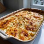 Close-up of creamy au gratin potatoes baked to a golden brown in a white casserole dish, garnished with herbs.