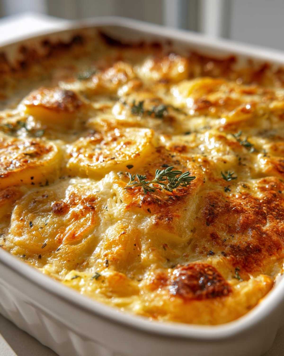 Close-up of golden-brown baked Au Gratin Potatoes in a white dish, topped with herbs.