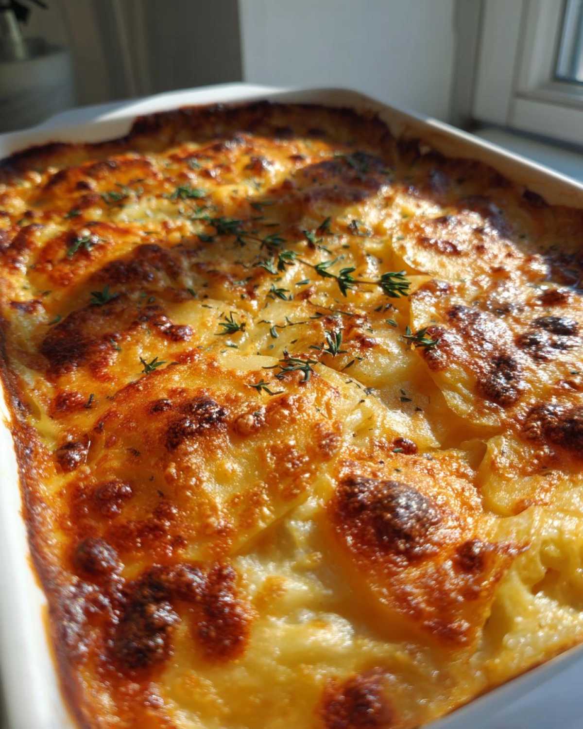 Close-up of creamy au gratin potatoes baked to a golden brown in a white dish, garnished with fresh thyme.