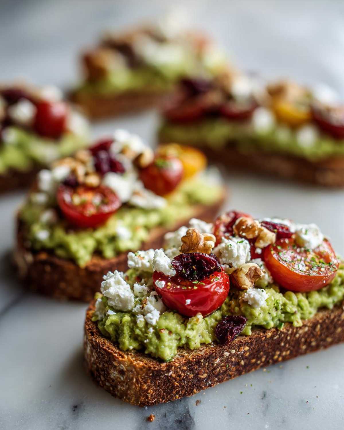 Close-up of avocado toast with feta cheese, cherry tomatoes, and walnuts on a marble surface.