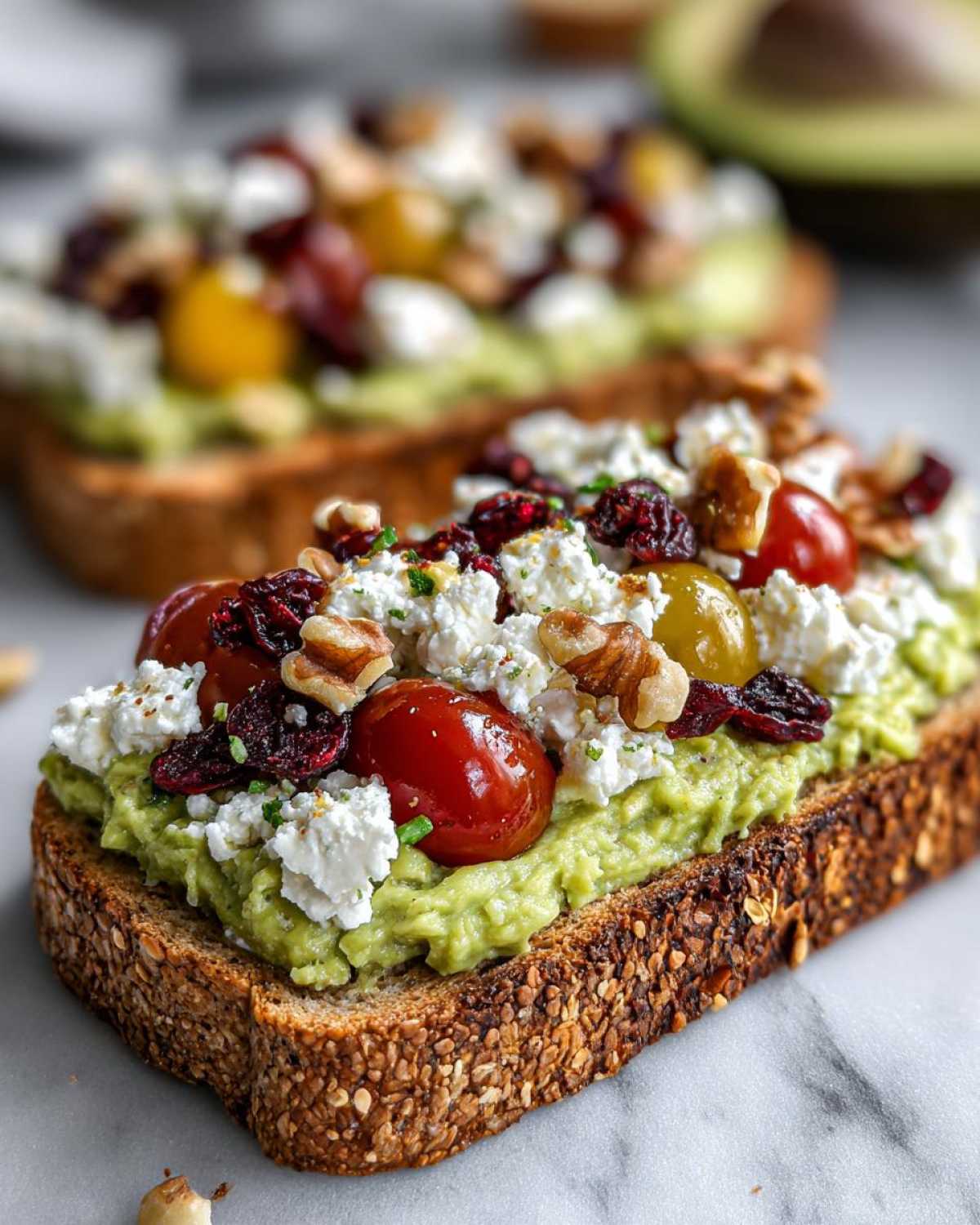 Close-up of avocado toast with feta cheese, cherry tomatoes, dried cranberries, and walnuts on whole grain bread.
