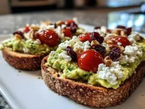 Close-up of avocado toast with feta cheese, cherry tomatoes, and dried cranberries on whole grain bread.