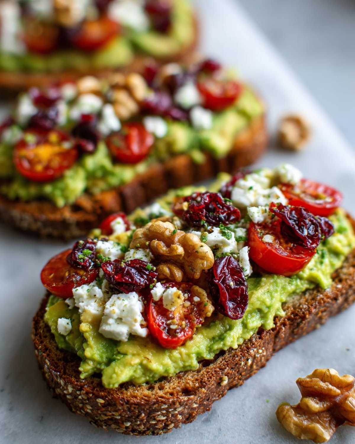 Close-up of avocado toast with feta, cherry tomatoes, walnuts, and dried cranberries.