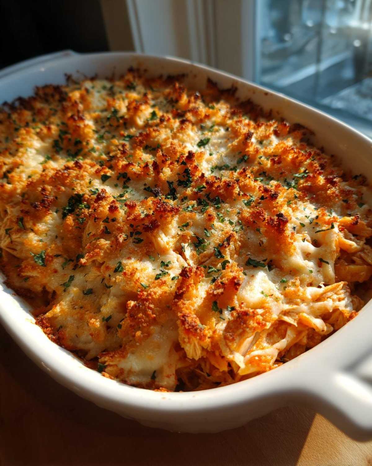 A close-up view of a golden-brown baked chicken Parmesan casserole in a white dish, topped with melted cheese and parsley.