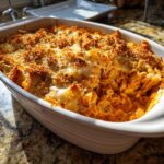A close-up of a baked chicken Parmesan casserole in a white dish, featuring a golden-brown breadcrumb topping and cheesy pasta.