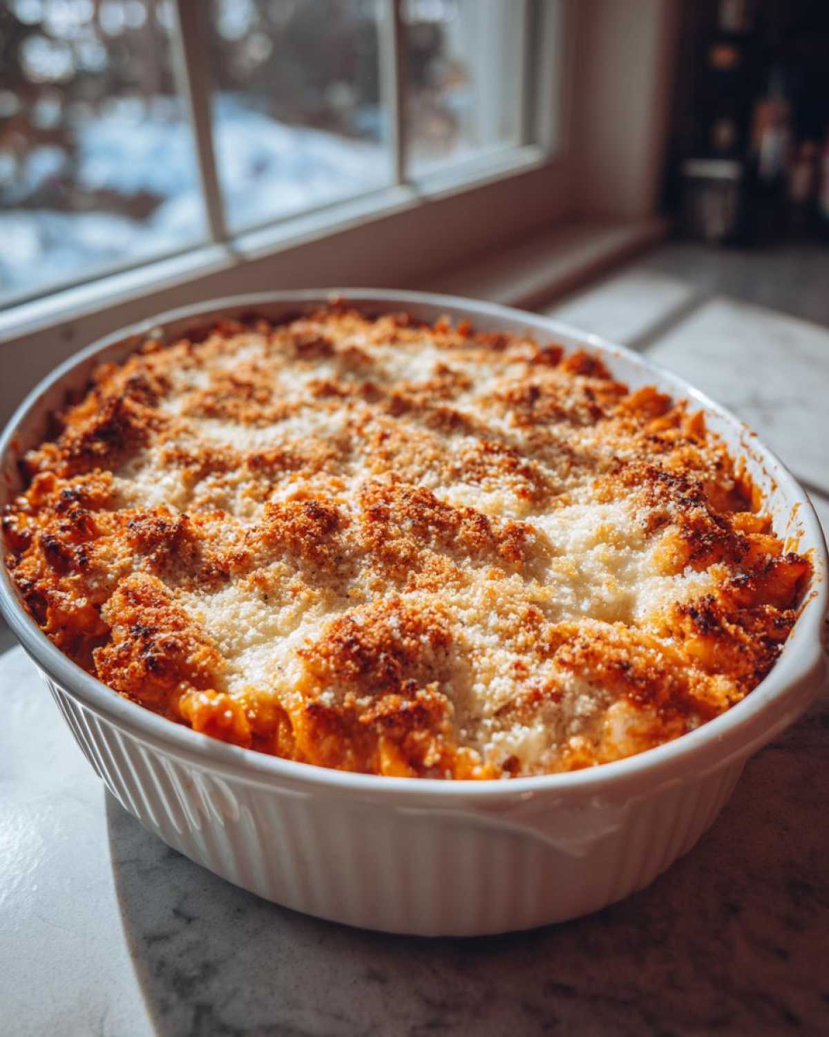 A close-up of a freshly baked chicken Parmesan casserole in a white dish, with a golden-brown, crispy topping.