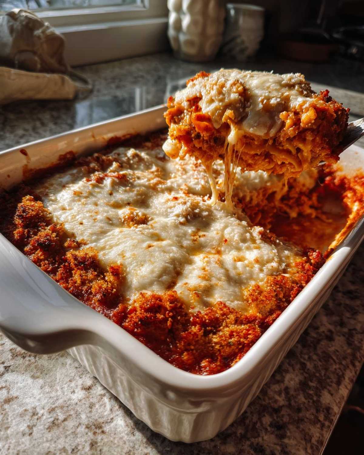 A serving spoon lifts a cheesy portion of baked chicken Parmesan casserole from a white baking dish.