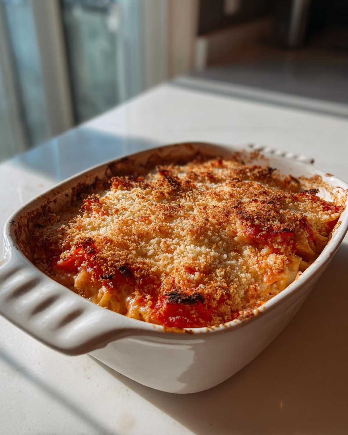 A golden-brown baked chicken Parmesan casserole in a white baking dish, topped with breadcrumbs and tomato sauce.