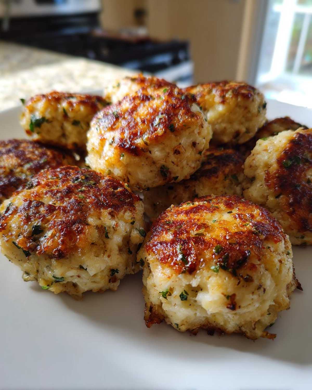 A close-up of golden-brown baked chicken ricotta meatballs, seasoned with herbs, on a white plate.