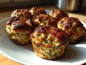 Close-up of golden-brown baked chicken ricotta meatballs with visible herbs on a white plate.