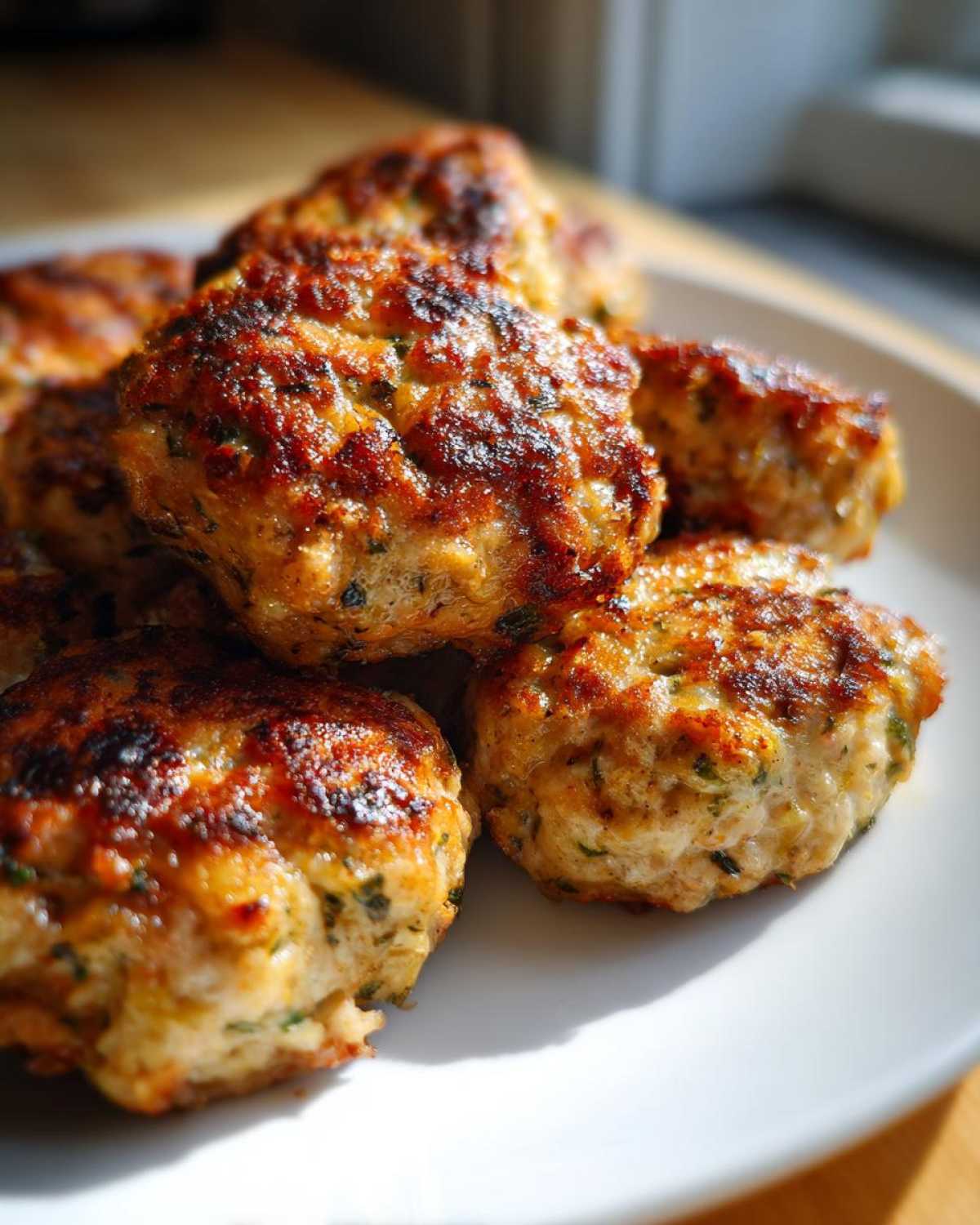 A close-up of golden brown baked chicken ricotta meatballs with herbs on a white plate.