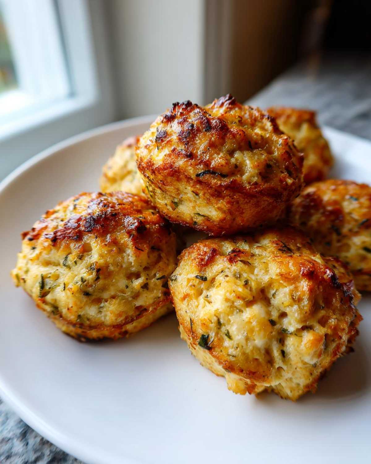A pile of golden-brown baked chicken ricotta meatballs on a white plate, speckled with herbs.