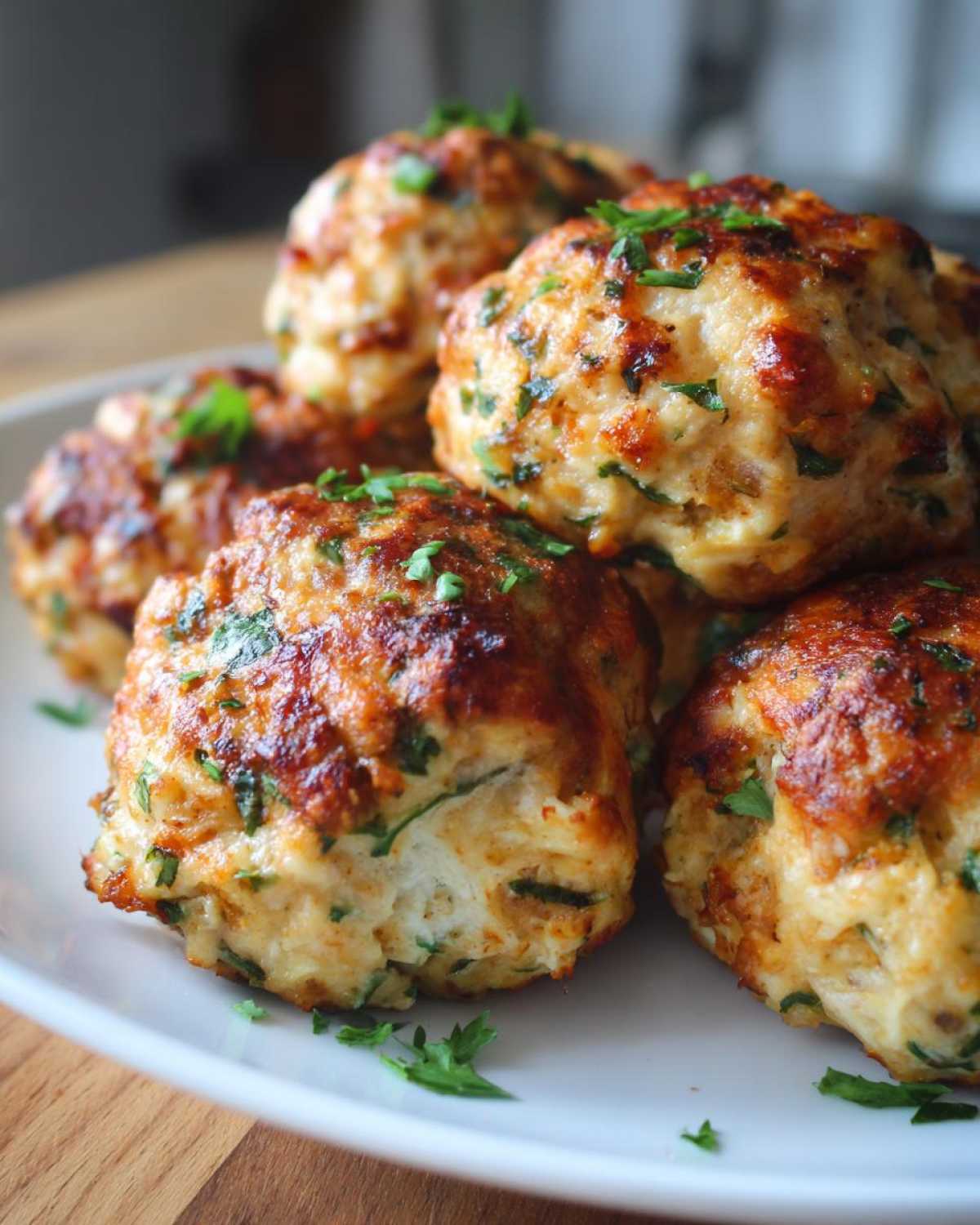 A close-up of a pile of tender baked chicken ricotta meatballs, garnished with fresh parsley.