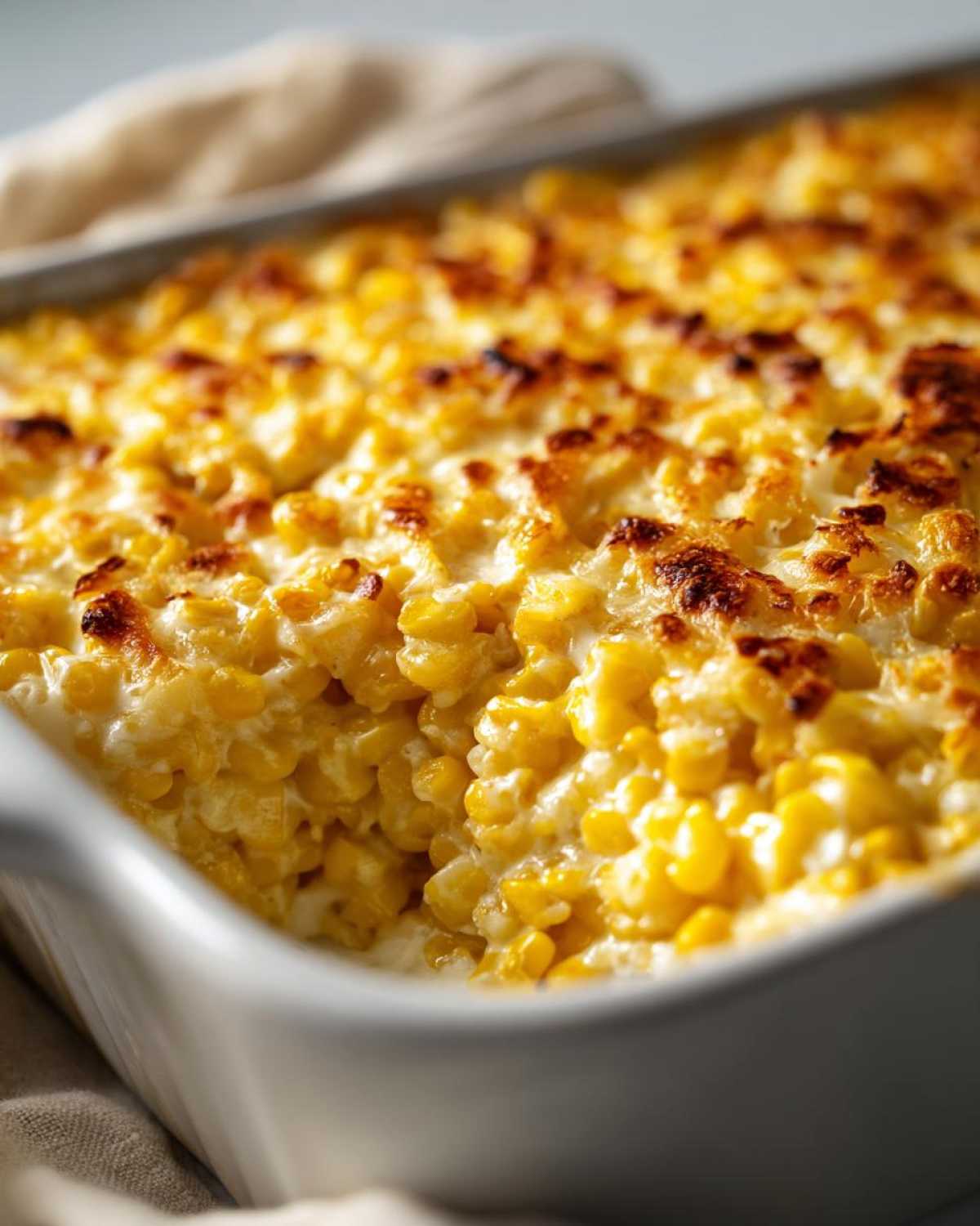 Close-up of a creamy baked parmesan corn casserole in a white baking dish, with golden-brown toasted cheese.