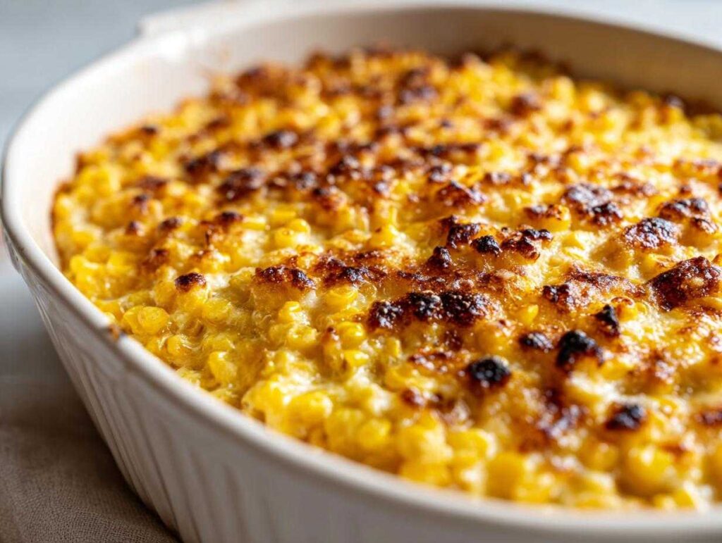 Close-up of a creamy baked parmesan corn casserole in a white baking dish, with golden brown, slightly crispy edges.