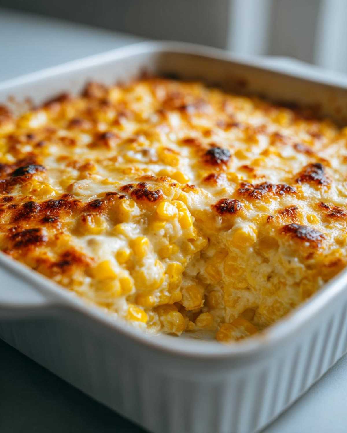 A close-up of a creamy baked parmesan corn casserole in a white baking dish, with golden brown cheesy topping.