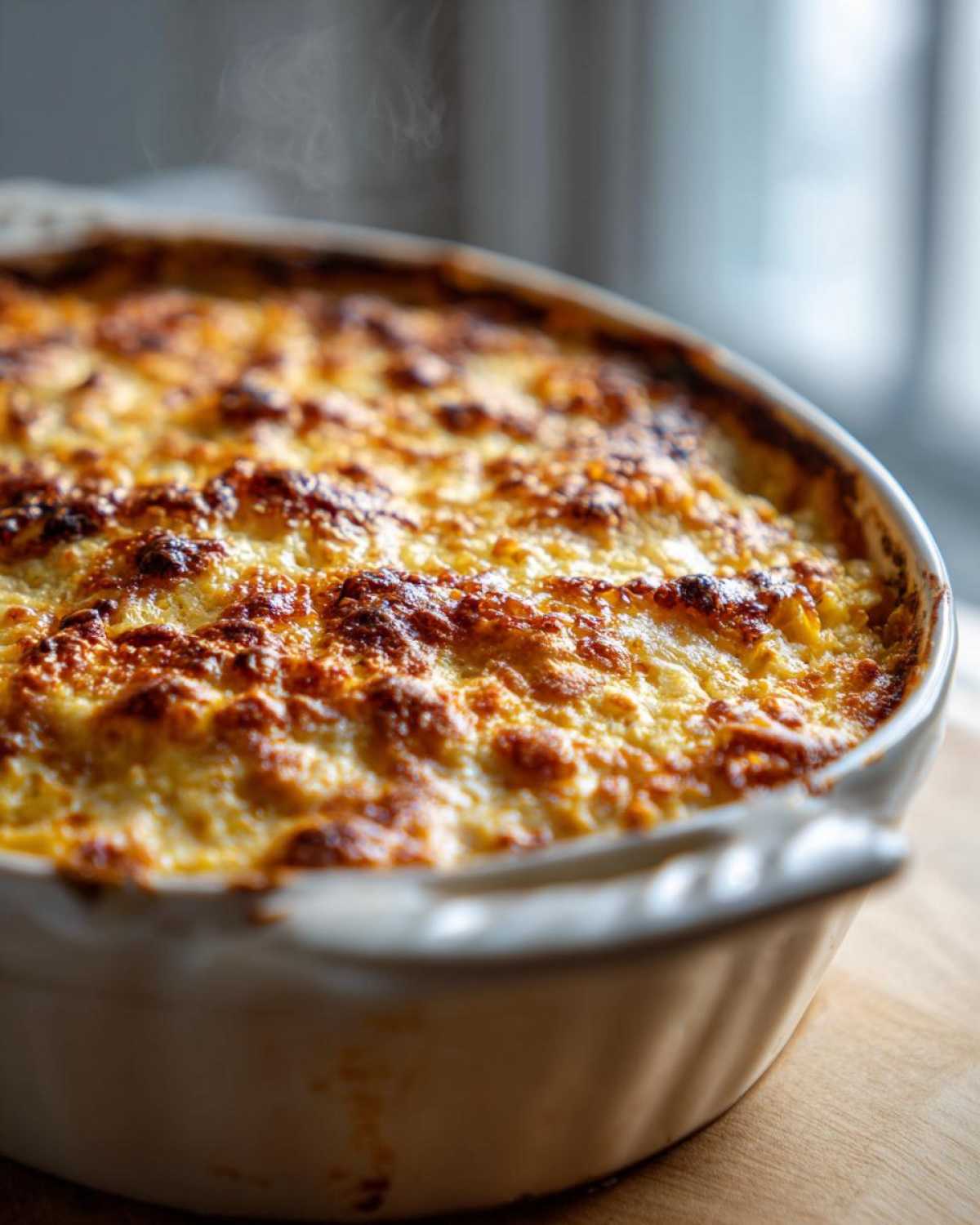 Close-up of a bubbling baked parmesan corn casserole in a white dish, with golden brown cheesy topping.