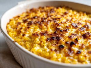 Close-up of a creamy baked parmesan corn casserole in a white baking dish, with golden brown, slightly crispy edges.