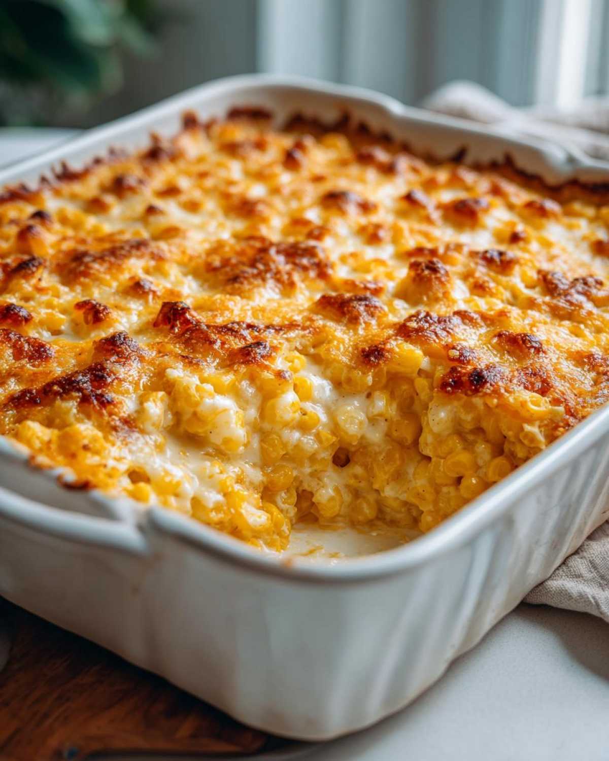 A close-up of a white baking dish filled with creamy baked parmesan corn, topped with golden-brown melted cheese.